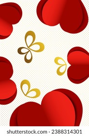 Card with hearts. Paper flying elements on a white background. Heart shaped love symbols for happy women, mother, Valentine's Day, birthday greeting card design. Vector illustration