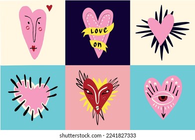 A card with hearts for Valentine's Day. Groovy cute love characters. Vector illustration in doodle style