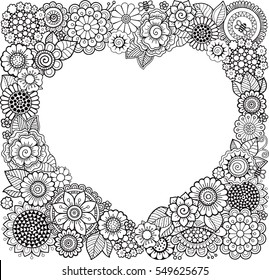 Card of Heart-shaped with flowers. Vector Coloring book for adult. Valentines day card. Weddings invitation.