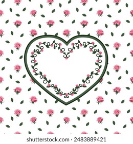 card with a heart-shaped frame on a background of pink roses and green leaves. heart made of curls