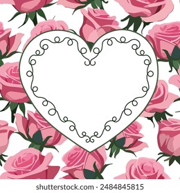 tarjeta con un marco en forma de corazón sobre un fondo de rosas rosadas. corazón hecho de rizos