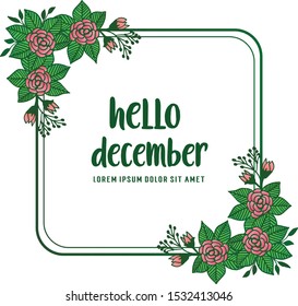 Card hello december, with decorative of pink flower frames. Vector