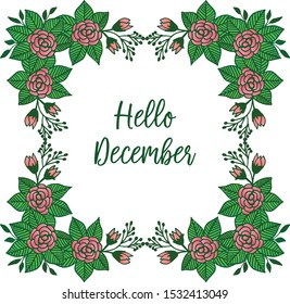 Card hello december, with decorative of pink flower frames. Vector