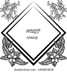 Card hello spring, isolated on white background, with vintage natural wreath frame. Vector