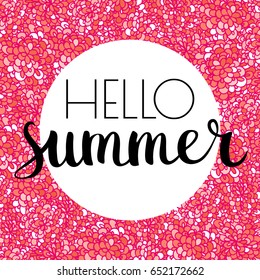  Card "Hello summer" with circle frame and flowers on the background. Logo, invitation, banner.