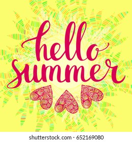 Card "Hello summer" with lettering text and with abstract grass, sun on the background.    