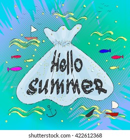 card hello summer with shell hand drawn