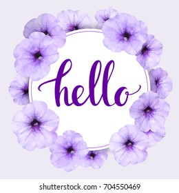Card "hello" with violet flowers. 