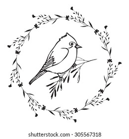 Card with herbal frame and bird. Vector wreath for invitations, cards or for any other kind of design.