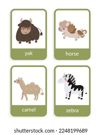 card with herbivores animals  yak, horse, camel, zebra vector set