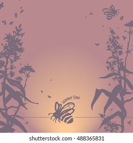 Card with herbs, flowers and bee on background. Summer, autumn, spring. Night, sunset, romance.