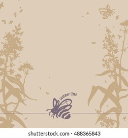 Card with herbs, flowers and bee on background. Summer, autumn, spring