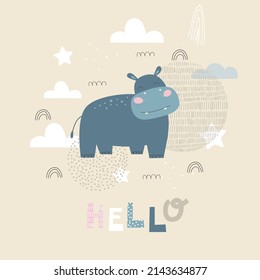 Card with hippo. Kids print. Vector hand drawn illustration.