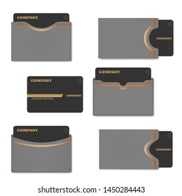 Card Holder With Plastic Card, Vector Template Set. Blank Sleeve Envelope Case For Credit, Gift Or Business Cards.