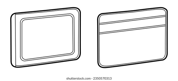 Kartenhalter Etui vorne und hinten mit Taschen, Fenstern und Kosmetiktüten. Technische Illustration für Männer, Frauen, unisex-Silhouettenstil, flache CAD-Skizze einzeln