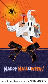 Card for the holiday Halloween with ghosts and cobwebs on orange background