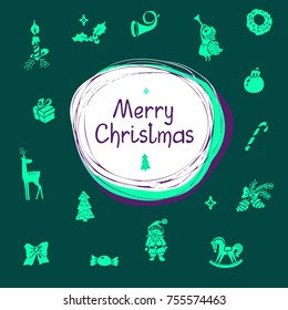 Card for a holiday Merry Christmas. Vector illustration with lettering and Christmas icons on a green background.