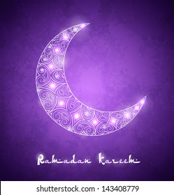 Card for the holy month of Ramadan. Shiny crescent moon on violet background. Vector Illustration.