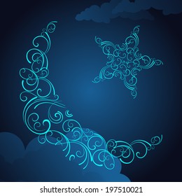 Card for the holy month of Ramadan. Shiny floral moon with blue sky background. Vector Illustration.