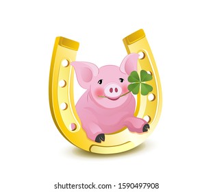 Card with horseshoe, lucky pig and shamrock,
New Years Eve and lucky charm card,
Vector illustration isolated on white background
