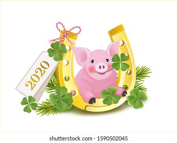 Card with horseshoe, lucky pig, shamrock and fir branches,
New Years Eve and lucky charm card,
Vector illustration isolated on white background
