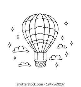 Card with hot air balloon and cloud hand drawn outline doodle. Vector illustration.