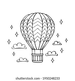 Card with hot air balloon and cloud hand drawn outline doodle. Vector illustration.