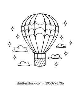 Card with hot air balloon and cloud hand drawn outline doodle. Vector illustration.