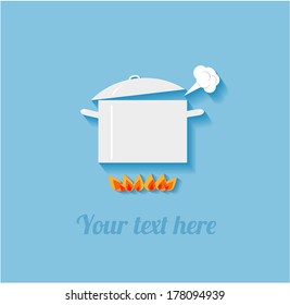 Card with hot boiling pot on fire. Vector illustration on blue background