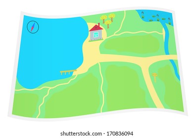 Card with a house at the lake.