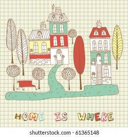 card with house and trees