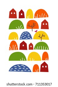 Card with houses, mountains, lakes, meadows