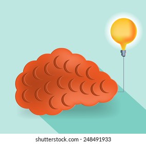 Card with huge brain and yellow lightbulb on blue background