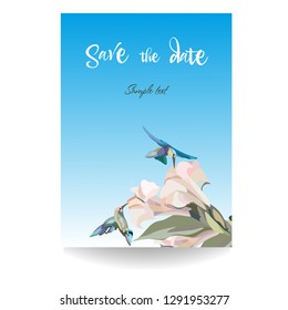 Card with hummingbird, vector, blue sky, pink flowers