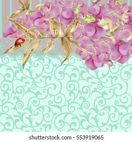 Card with hydrangea flower composition with golden branches and ladybug. Decorative background with swirls and lace in shades of turquoise.