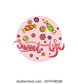 Card with ice cream and candy on white background. Vector illustration