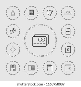 Card icon. collection of 13 card outline icons such as baby onesie, paper, hummer, menu, diamonds, wallet, picture, atm. editable card icons for web and mobile.