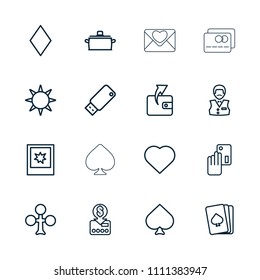 Card icon. collection of 16 card outline icons such as spades, clubs, hearts, diamonds, wallet, casino boy, usb drive, photo, pan. editable card icons for web and mobile.