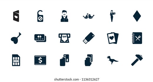 Card icon. collection of 18 card filled icons such as diamonds, casino girl, atm money withdraw, dinosaur, lovebirds, usb drive, menu. editable card icons for web and mobile.