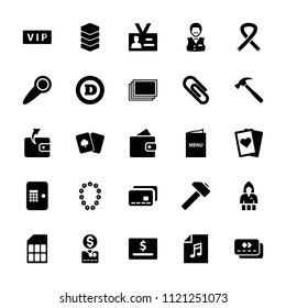 Card icon. collection of 25 card filled icons such as vip, photos, wallet, casino girl, wallet, casino boy, d letter, badge, menu. editable card icons for web and mobile.