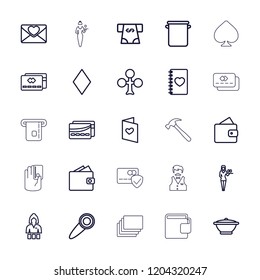 Card icon. collection of 25 card outline icons such as wallet, clubs, diamonds, casino girl, atm money withdraw, notebook with heart. editable card icons for web and mobile.