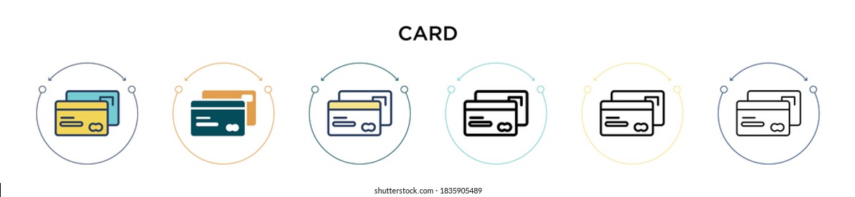 Card icon in filled, thin line, outline and stroke style. Vector illustration of two colored and black card vector icons designs can be used for mobile, ui, web
