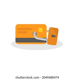 card icon with a lock in a flat design. on a gray background. made in green-orange colors. icon isolated vector illustration