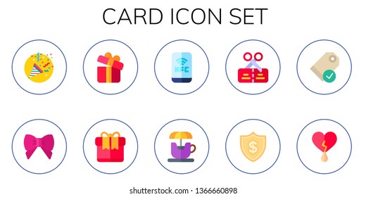 card icon set. 10 flat card icons.  Simple modern icons about  - confetti, bow, gift box, gift, nfc, spinning teacup, voucher, dollar symbol, price tag, heart