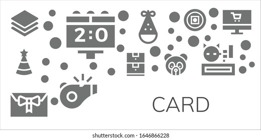 card icon set. 11 filled card icons. Included Albums, Scoreboard, Party hat, Data storage, Gift, Panda bear, Referee, Money, Meow, Online shop icons