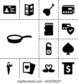 Card icon. set of 13 filled cardicons such as spades, casino girl, do not disturb, badge, swan heart, heart key, memory card, menu, pan