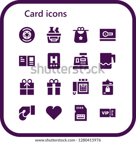  card icon set. 16 filled card icons. Simple modern icons about  - Badge, Shopping basket, Bib, Card, Postcard, Hotel, Cashier, Jar, Gift, Fax, Harddrive, Coin, Heart, Sd card