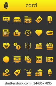 card icon set. 26 filled card icons.  Simple modern icons about  - Buy, Chinese, Shop, Money, Coupon, Popsicle, Bingo, Room service, Currency exchange, Heart, Smile, Coins, Confetti