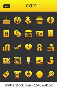 card icon set. 26 filled card icons.  Simple modern icons such as: North pole, Letter, Labyrinth, Love potion, Shop, Gift, Hotel, Money, d, Oil, Presents, Fireworks, Cancer, Badge