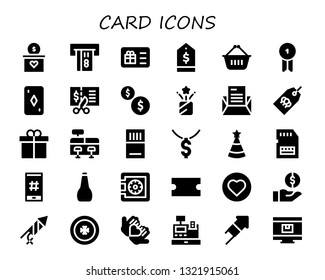 card icon set. 30 filled card icons.  Simple modern icons about  - Gift, Atm, Gift card, Tag, Shopping basket, Badge, Voucher, Coins, Confetti, Letter, Present, Cash register